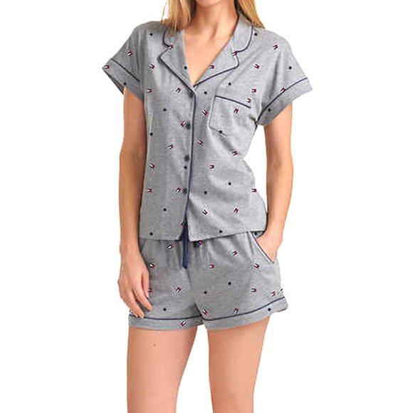 Tommy Hilfiger Printed Shirt & Shorts 2-Piece Pajama Set GREY NEW $85 - Picture 1 of 5
